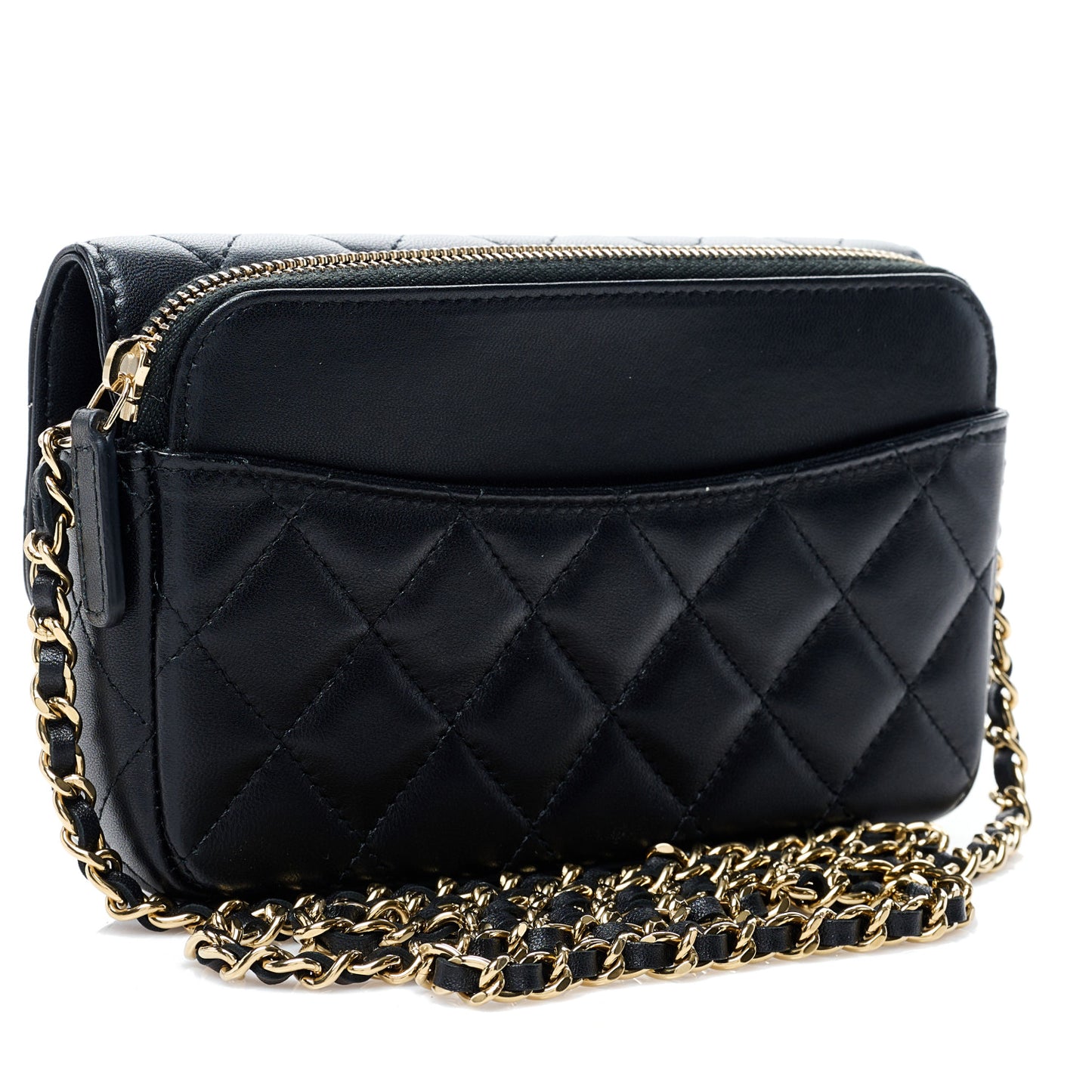 Lambskin Quilted Flap Phone Holder With Chain Black
