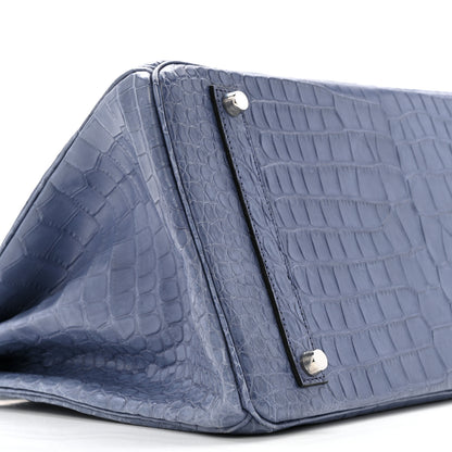 Hermes Matte Porosus Crocodile 18K White Gold Diamond Birkin 35 Bleu Brighton 9 of 26