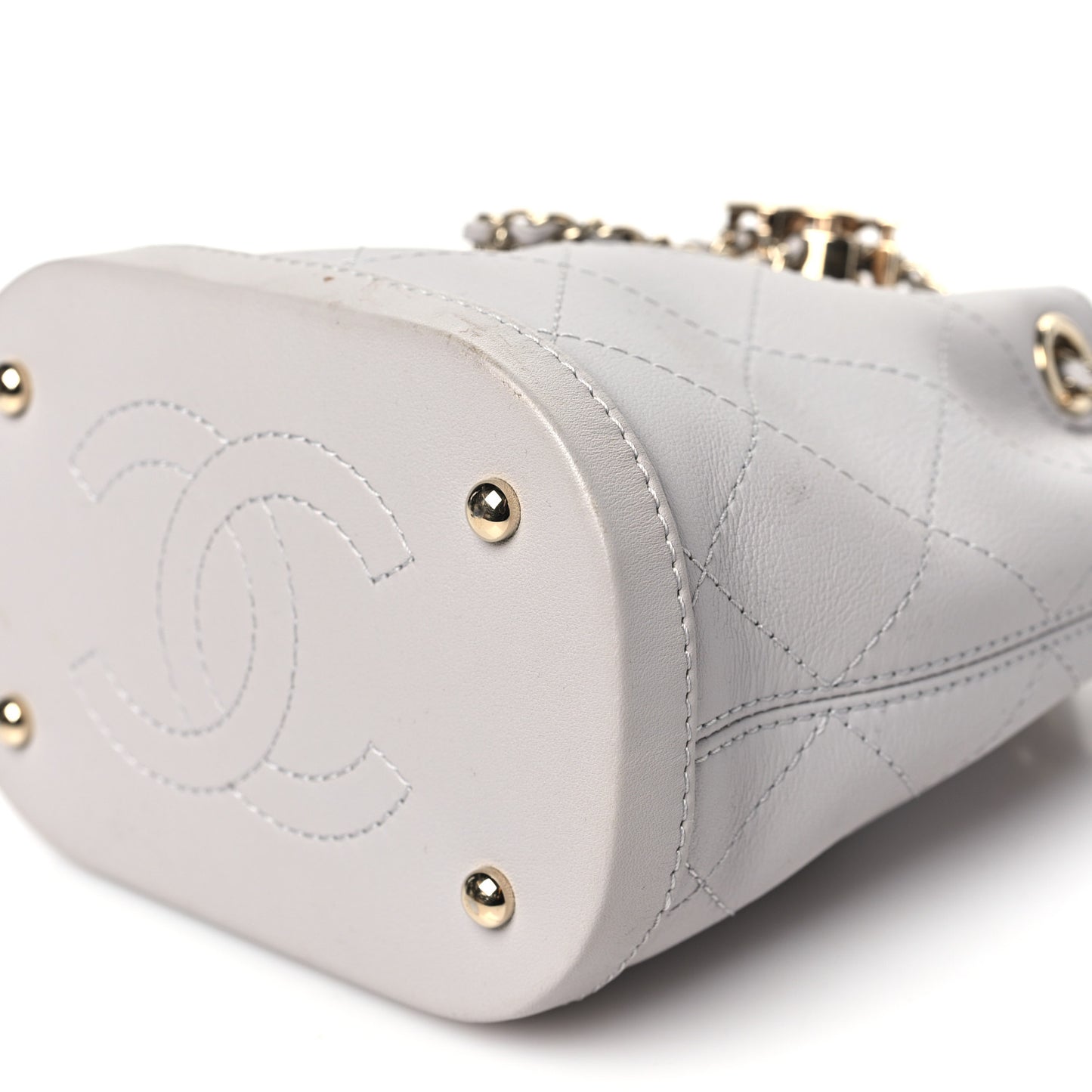 Calfskin Stitched Chain Bucket Bag Light Grey