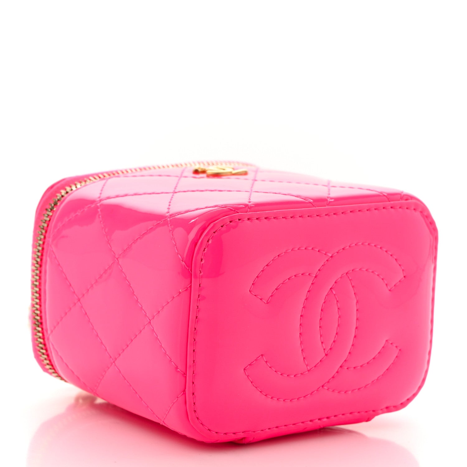 Chanel Patent Quilted Pearl Crush Mini Vanity Case With Chain Neon Pink 4 of 11