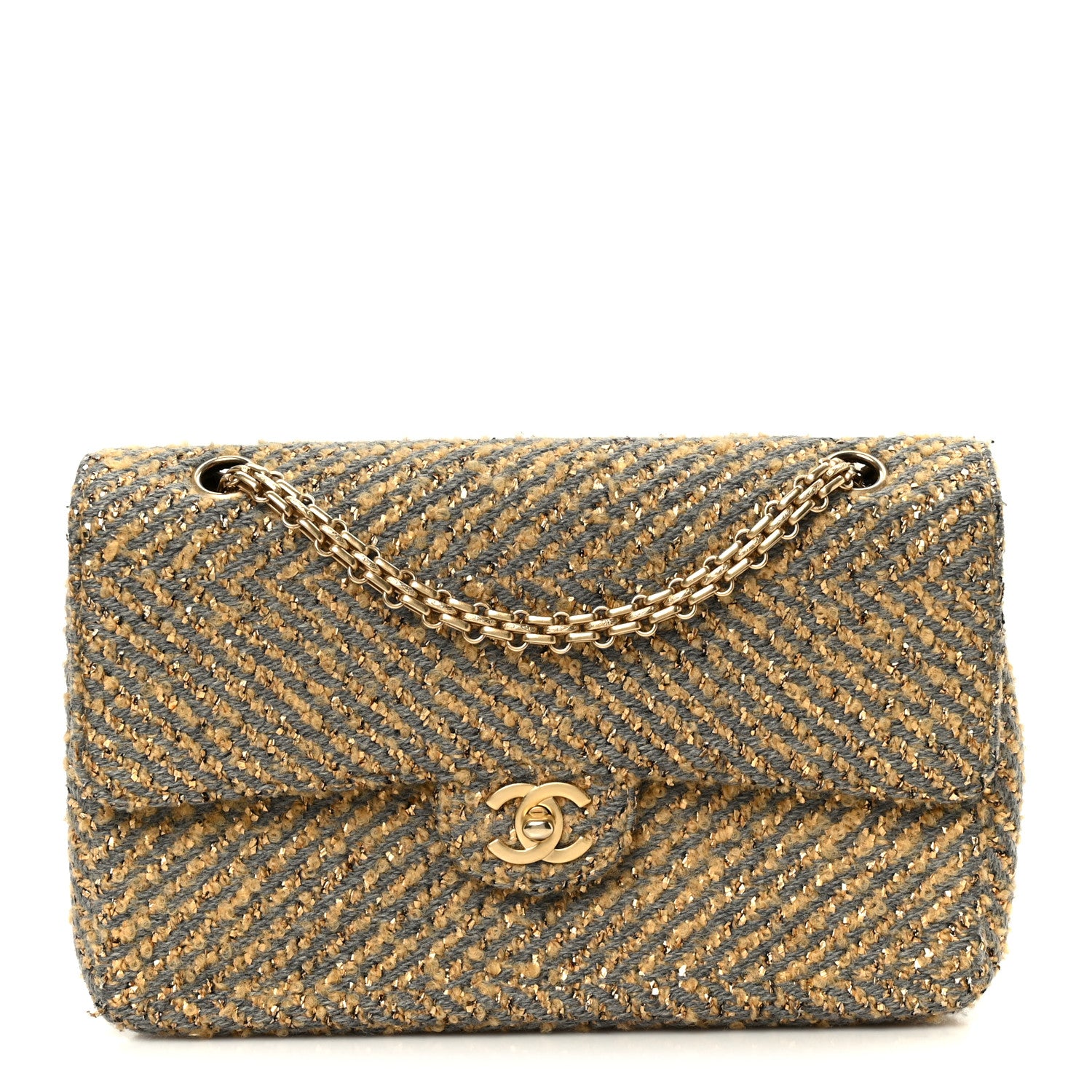 Chanel Metallic Tweed Quilted Medium Single Flap Beige Grey Gold 1 of 12