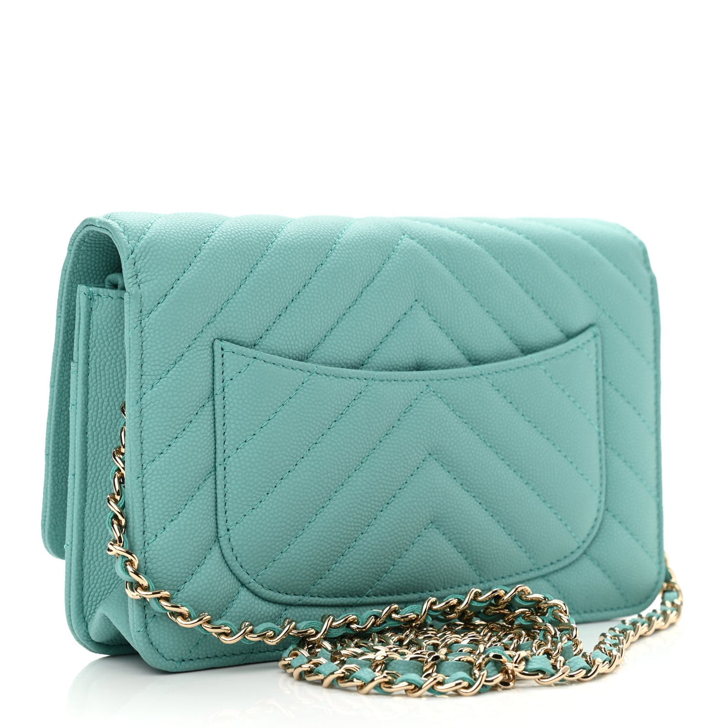 Caviar Flat Chevron Quilted Wallet On Chain WOC Green
