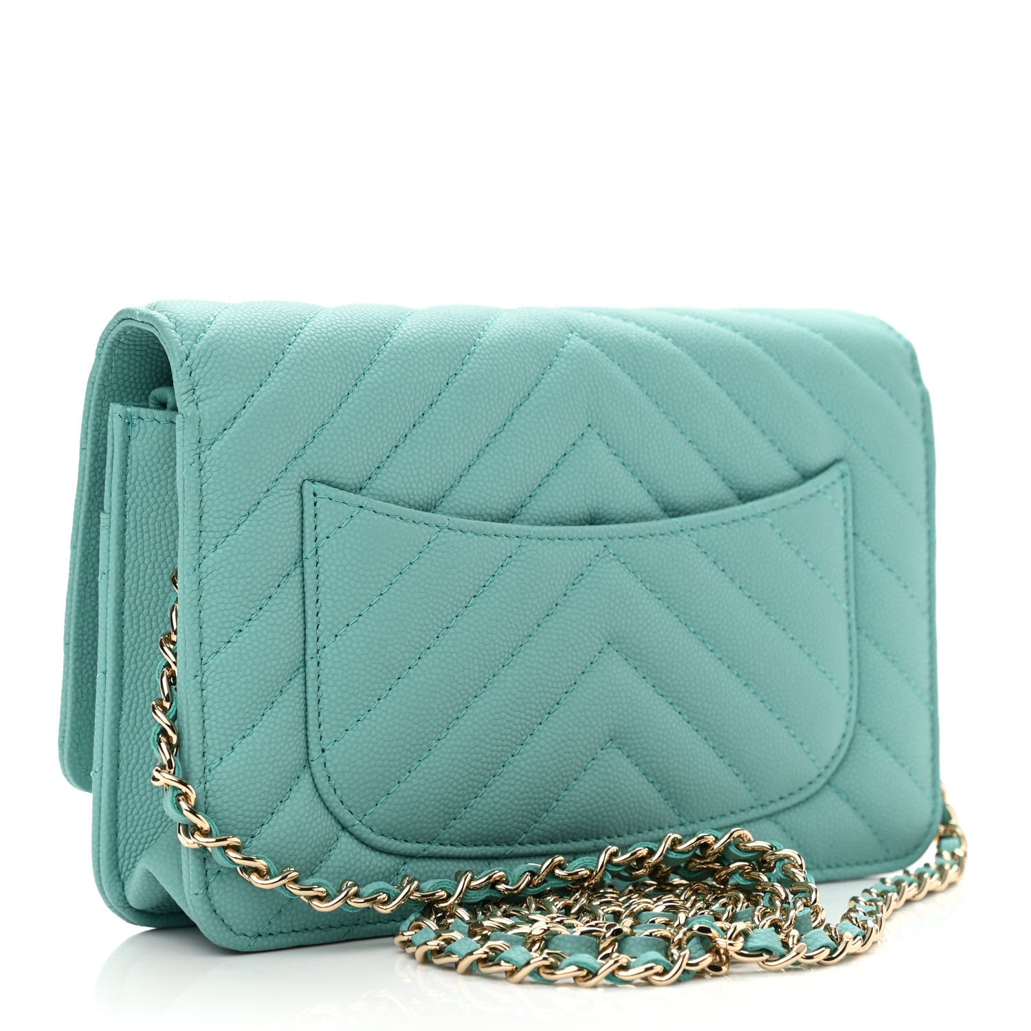 Chanel Caviar Flat Chevron Quilted Wallet On Chain WOC Green 2 of 12
