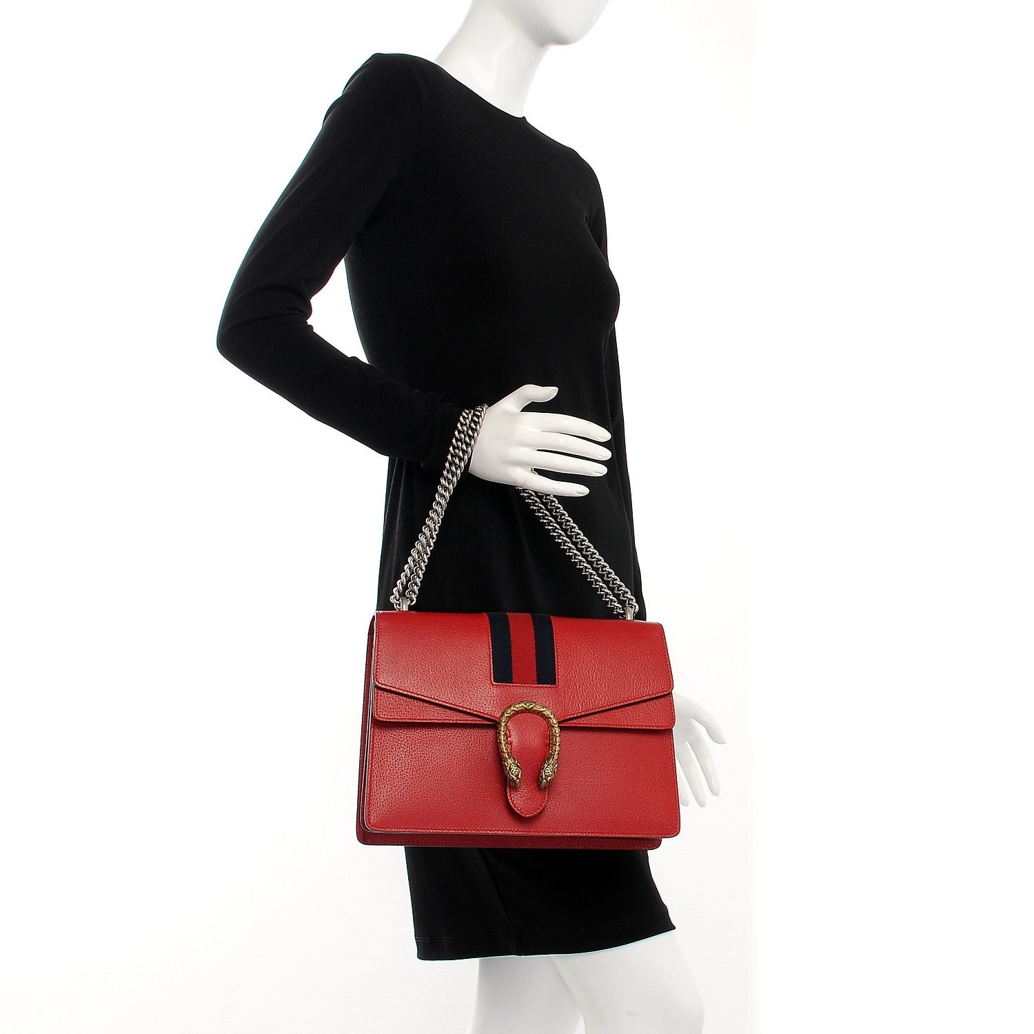 Gucci Textured Calfskin Web Medium Dionysus Shoulder Bag Hibiscus Red 2 of 8