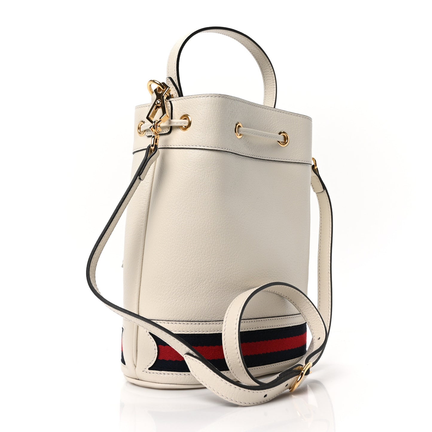 Glazed Textured Calfskin Web Small Ophidia Bucket Bag Mystic White