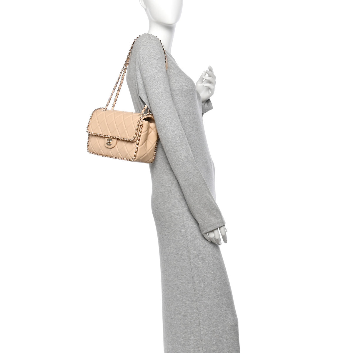 Crumpled Calfskin Medium Chain All Over Flap Beige
