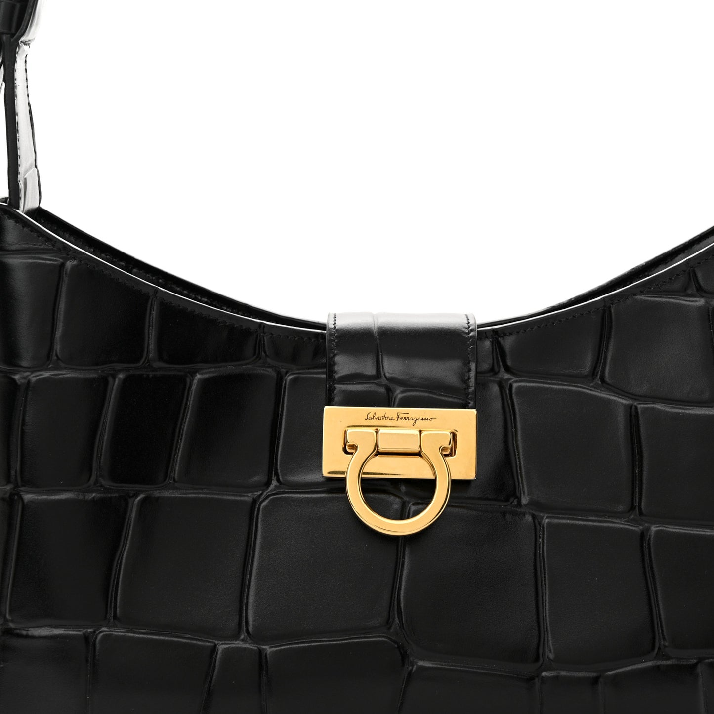 Calfskin Crocodile Embossed Trifolio Shoulder Bag Black