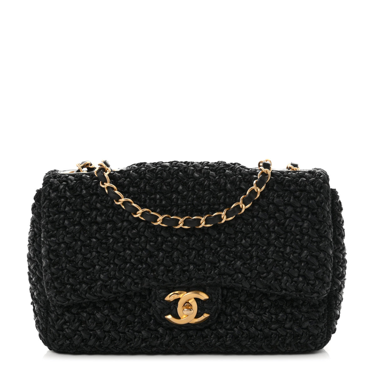 Raffia Crochet Paris Greece Medium Flap Bag Black