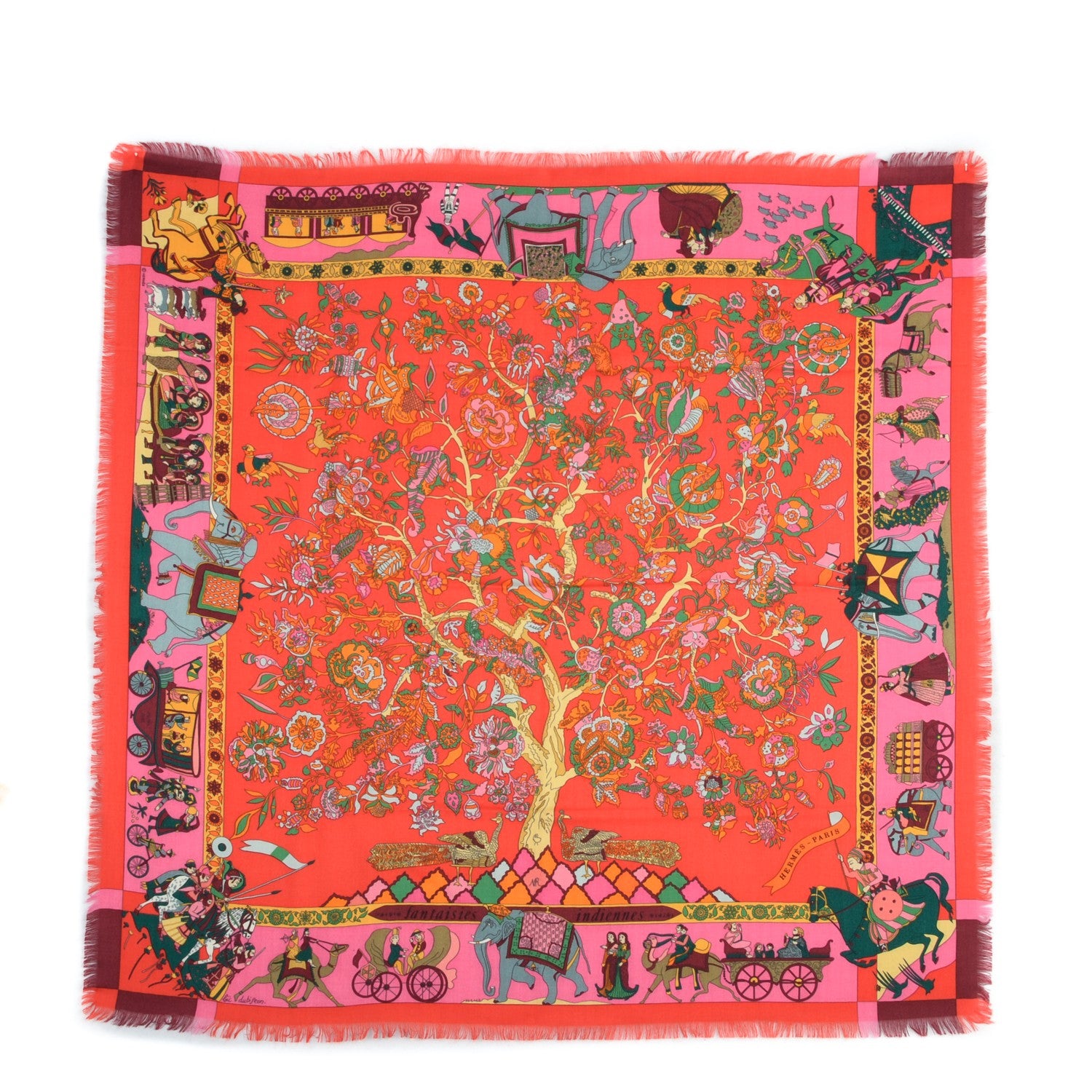 Hermes Silk Cashmere Fantaisies Indiennes Scarf 90 Rouge Rose Vif Vert 2 of 7