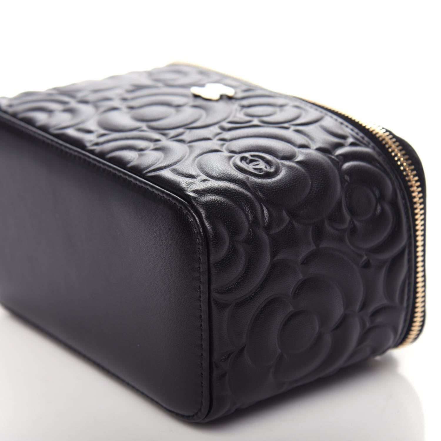 Chanel Goatskin Camellia Embossed Quilted Small Vanity Case With Chain Black 9 of 10