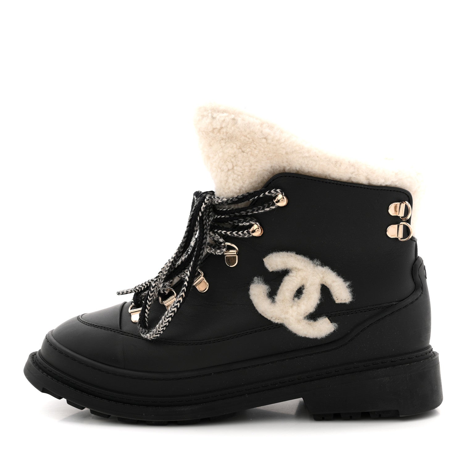 Chanel Calfskin Shearling CC Lace Up Boots 38.5 Black 1860897