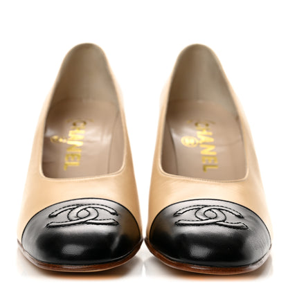 Chanel Lambskin Cap Toe CC Pumps 37.5 Beige Black 3 of 9