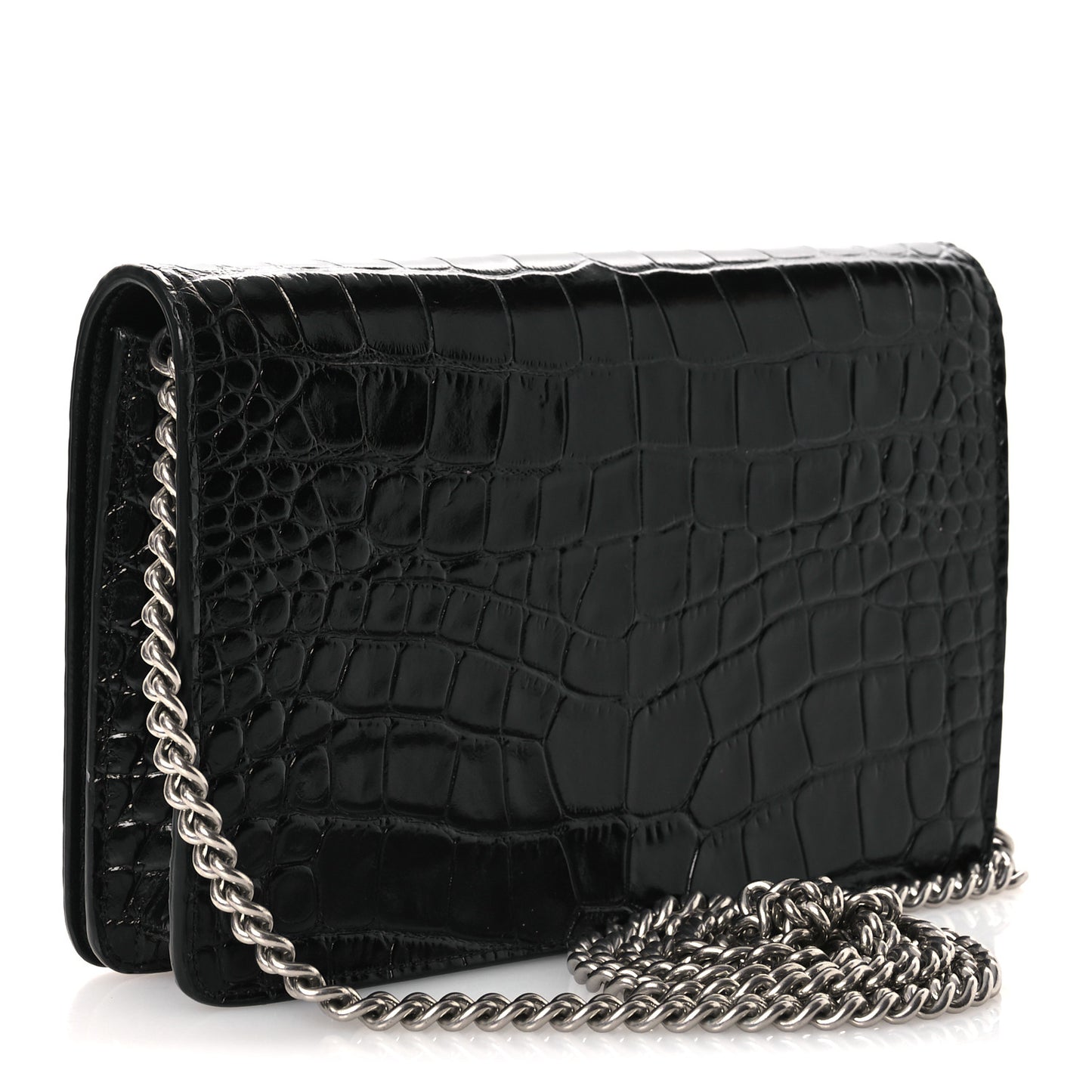 Shiny Calfskin Logo Crocodile Embossed Ville Wallet on Chain Black