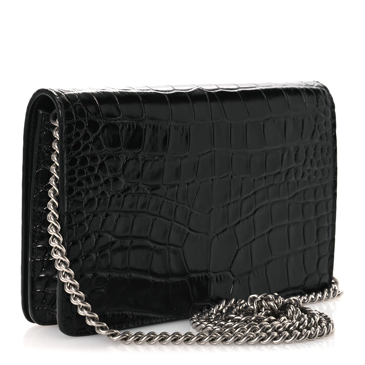 Balenciaga Shiny Calfskin Logo Crocodile Embossed Ville Wallet on Chain Black 3 of 13