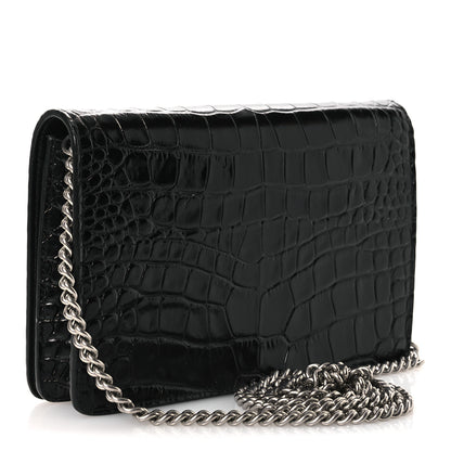 Balenciaga Shiny Calfskin Logo Crocodile Embossed Ville Wallet on Chain Black 3 of 13