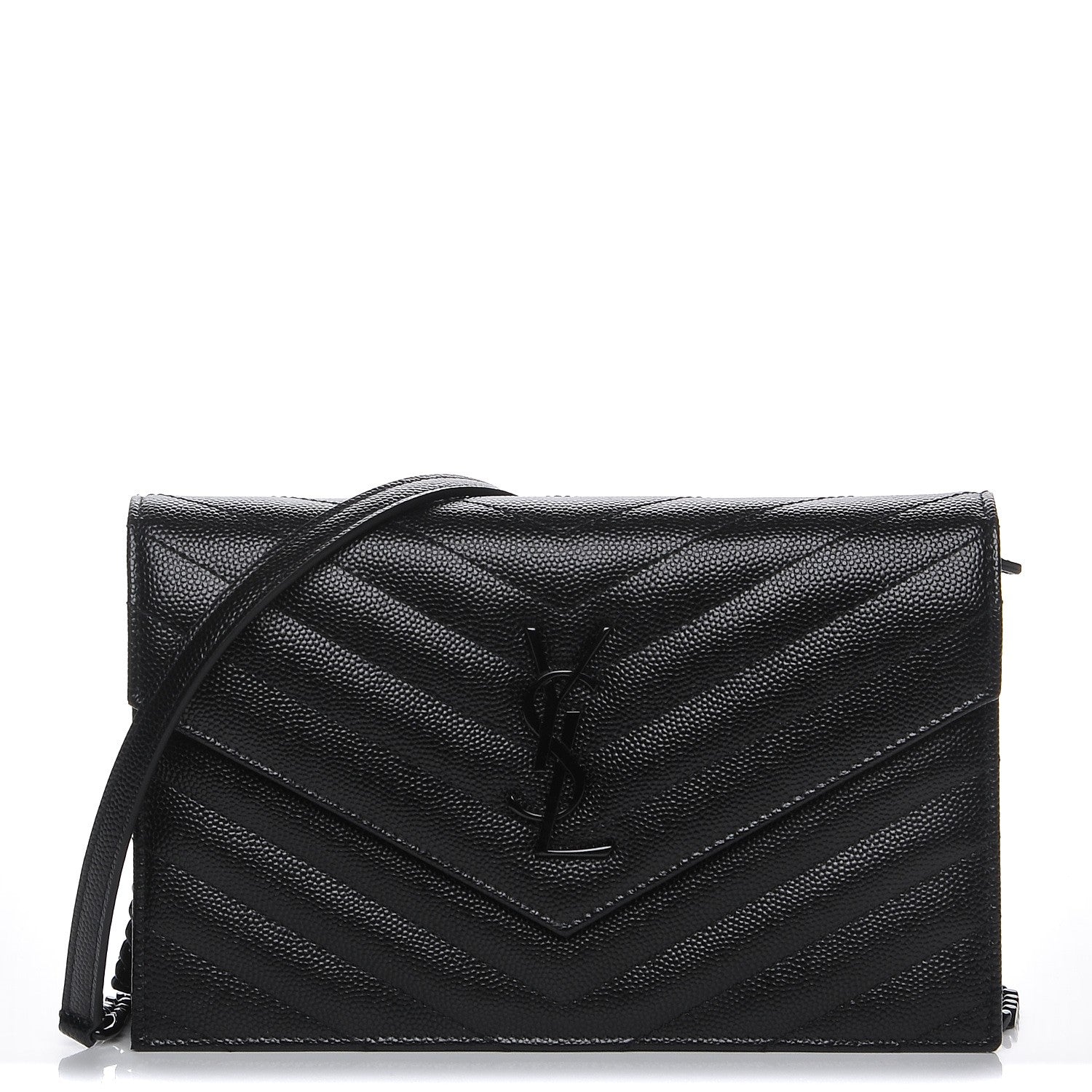 Saint Laurent Grain De Poudre Matelasse Chevron Monogram Envelope Chain Wallet Black 1 of 8