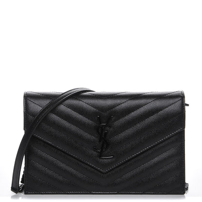 Saint Laurent Grain De Poudre Matelasse Chevron Monogram Envelope Chain Wallet Black 1 of 8
