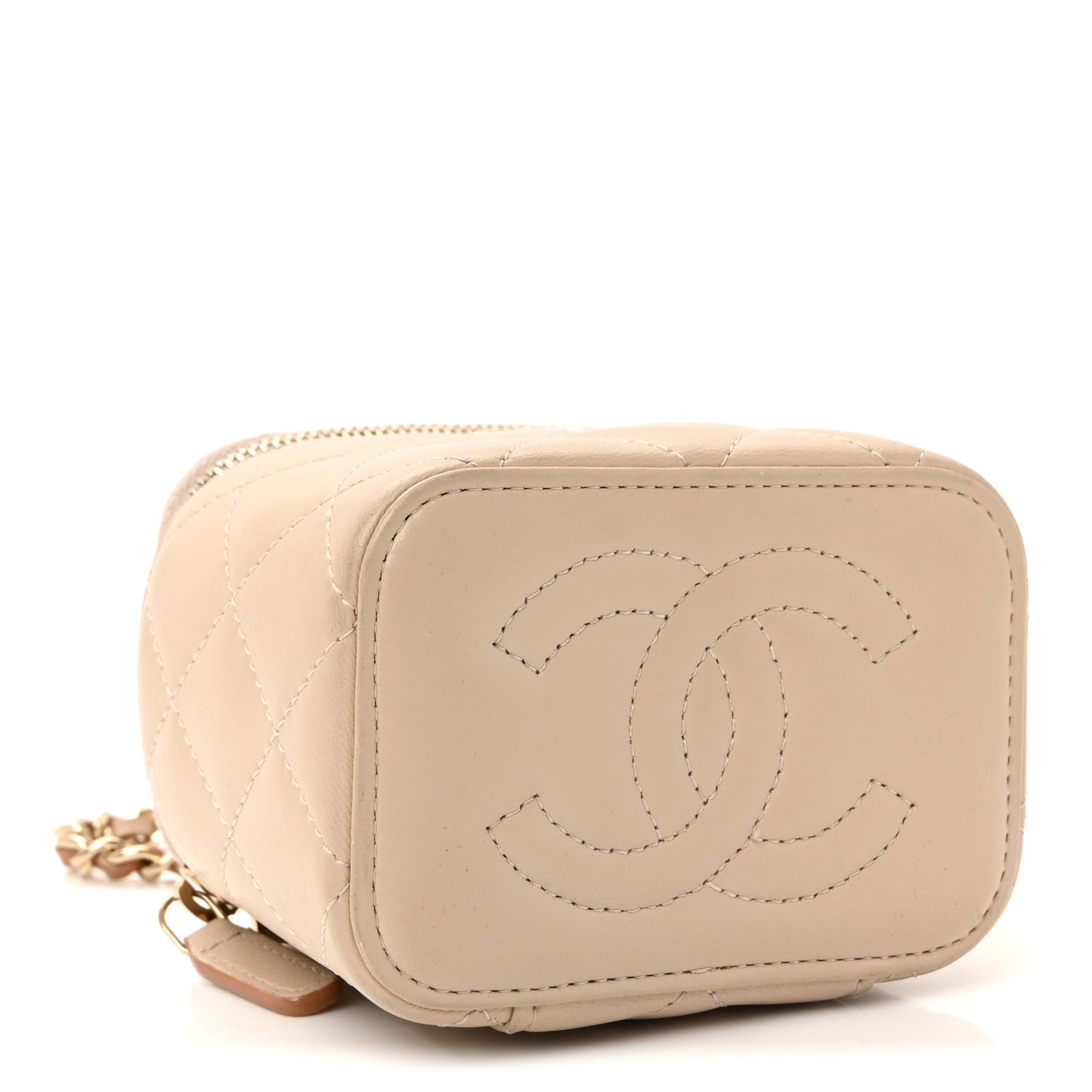 Lambskin Quilted Top Handle Mini Vanity Case With Chain Beige