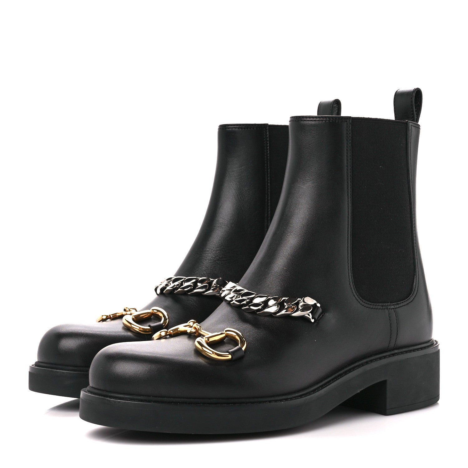 Gucci Flores Calfskin Horsebit Chain Ankle Boots 40 Black 3 of 9