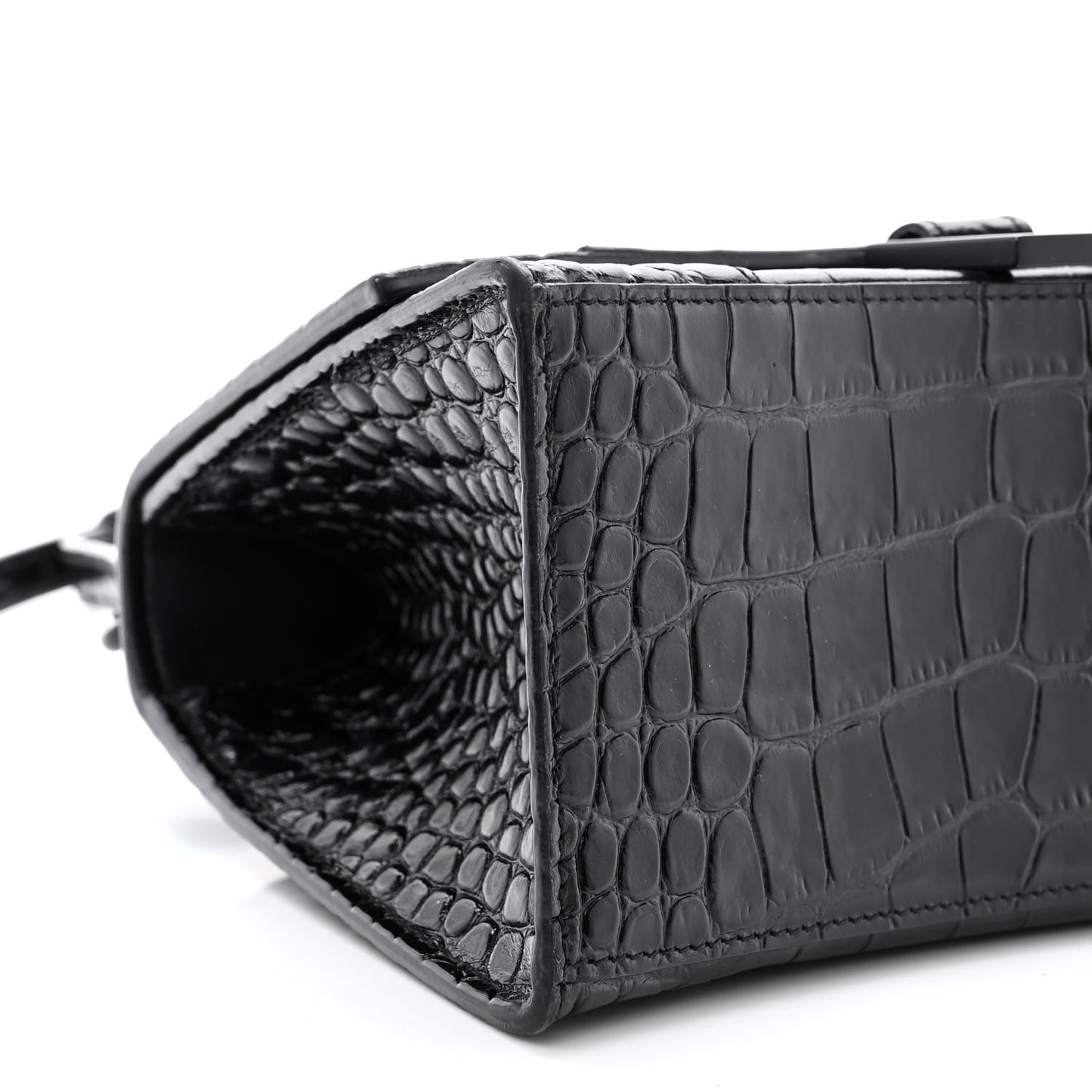 Shiny Calfskin Monochrome Crocodile Embossed Small Hourglass Top Handle Bag Black