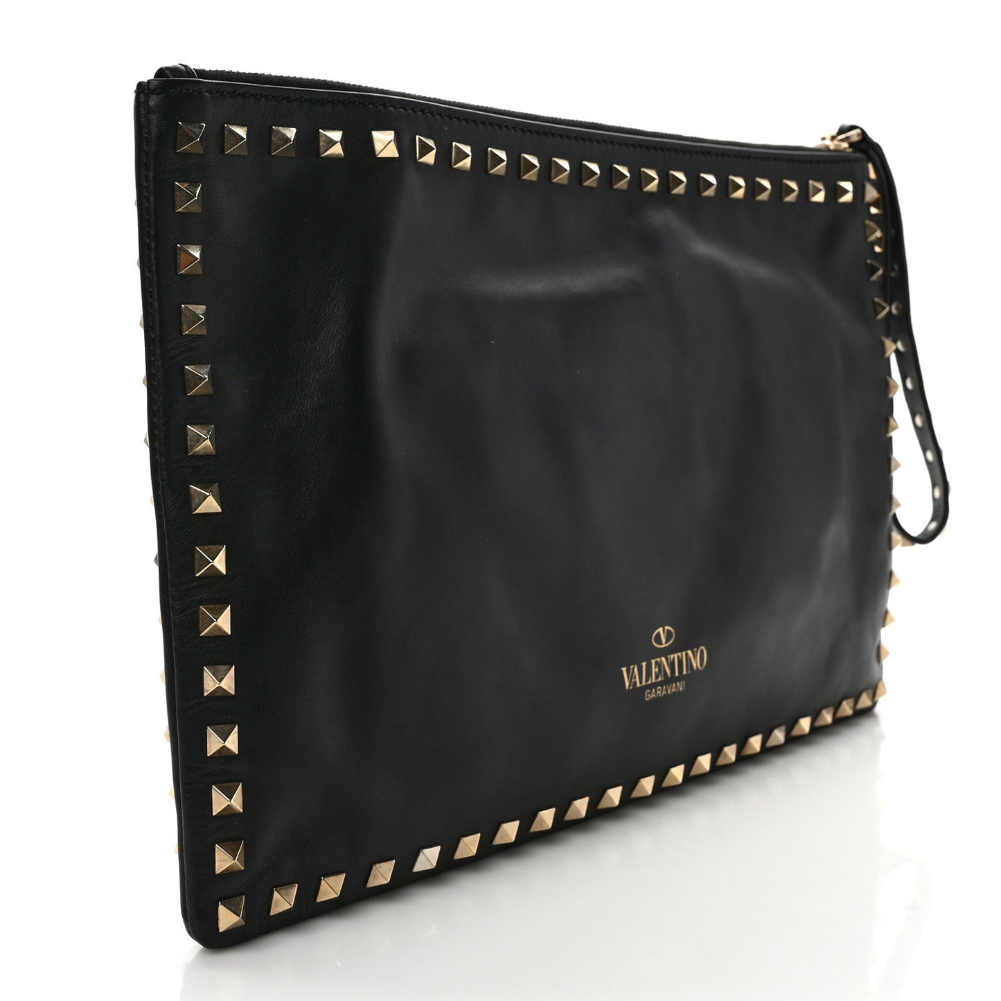 Vitello Large Rockstud Zip Wristlet Pouch Black