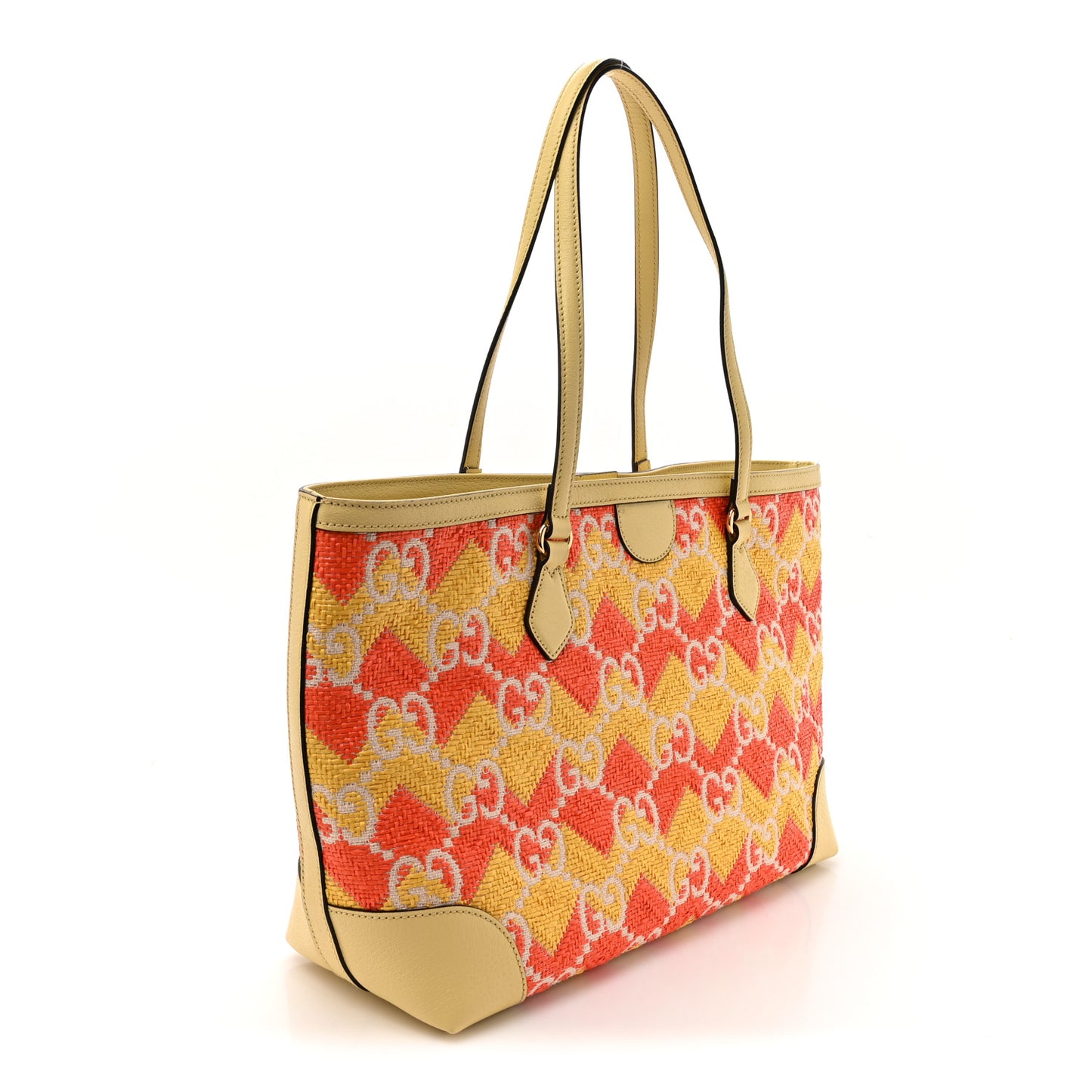 Straw Textured Dollar Calfskin Cancun Medium Ophidia Shopping Tote Orange Yellow