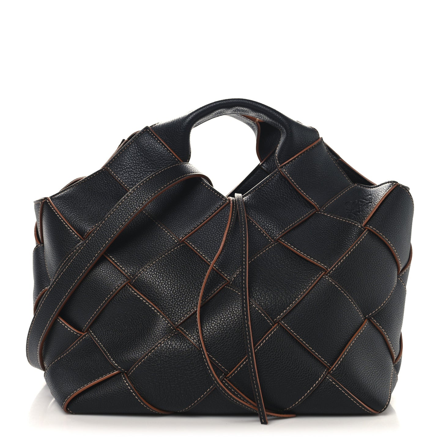 Soft Grained Calfskin Woven Basket Bag Black Tan