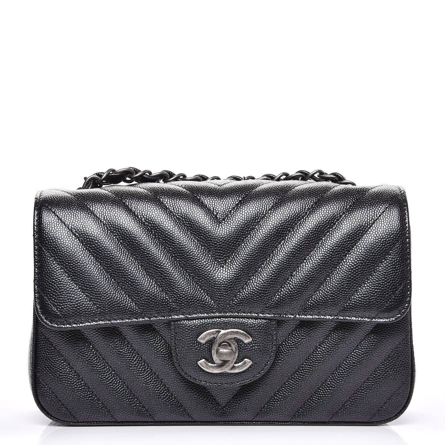 Chanel Metallic Caviar Chevron Quilted Mini Rectangular Flap Black 1 of 8