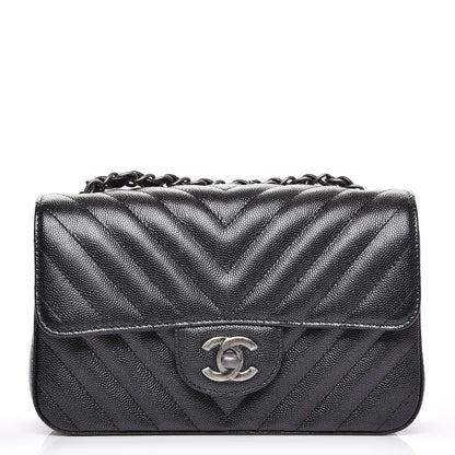 Chanel Metallic Caviar Chevron Quilted Mini Rectangular Flap Black 1 of 8