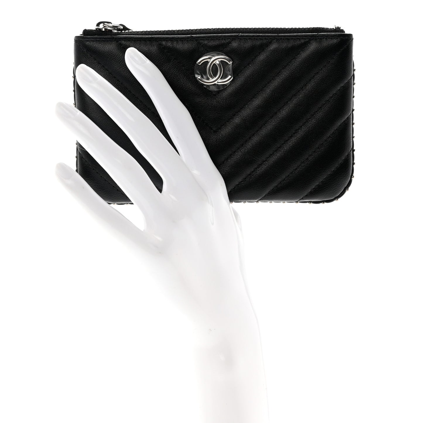 Lambskin Chevron Quilted Studded Small Cosmetic Case Black