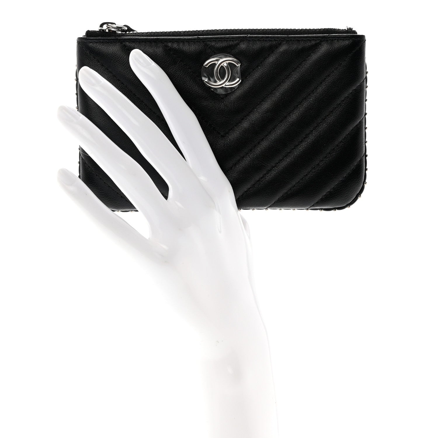 Chanel Lambskin Chevron Quilted Studded Small Cosmetic Case Black 2 of 8