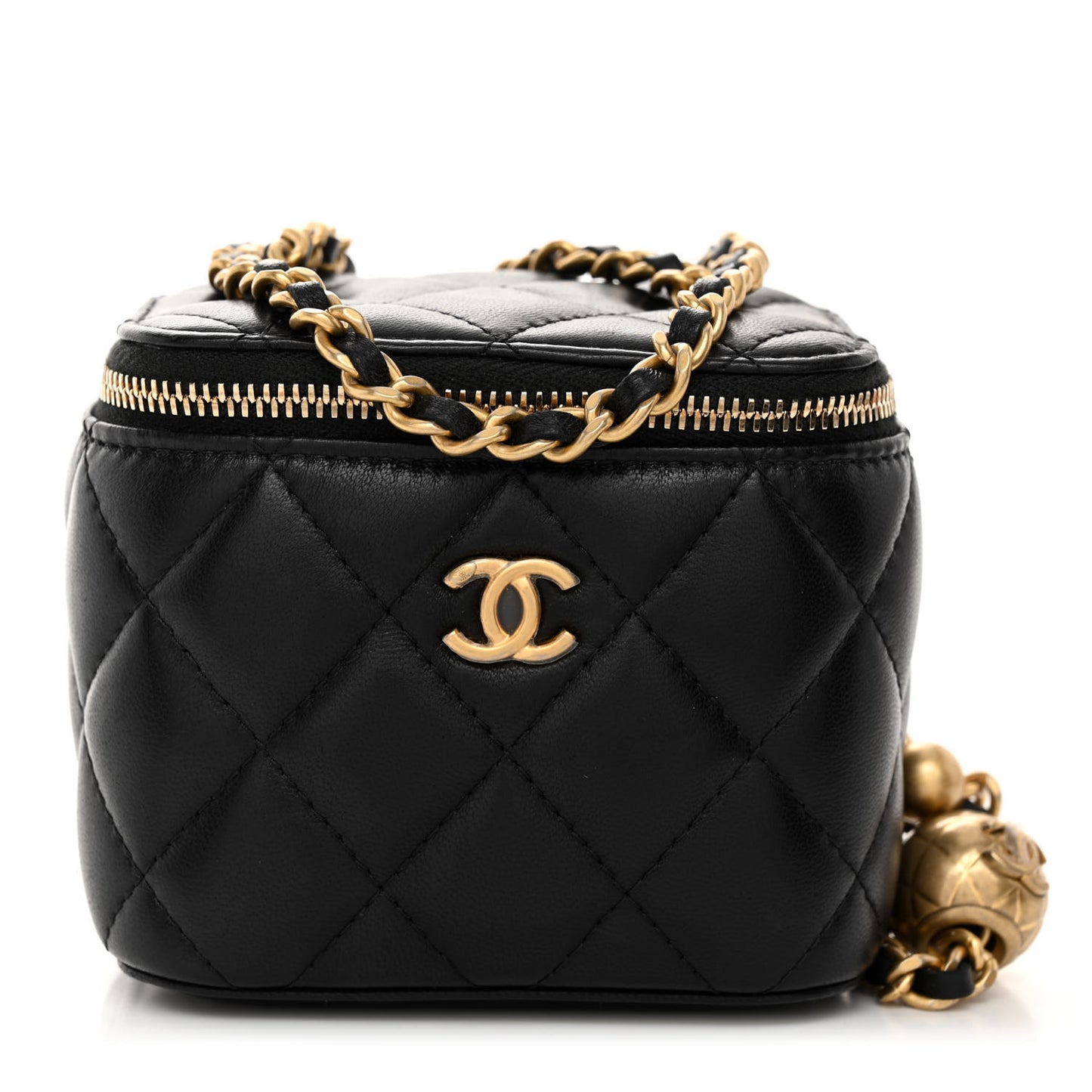 Lambskin Quilted Mini Pearl Crush Vanity Case With Chain Black