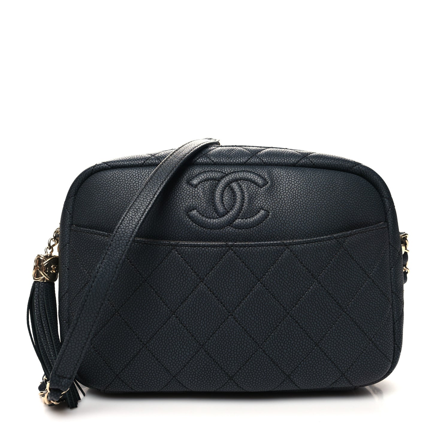 Iridescent Caviar Quilted Small Coco Tassel Camera Case Black