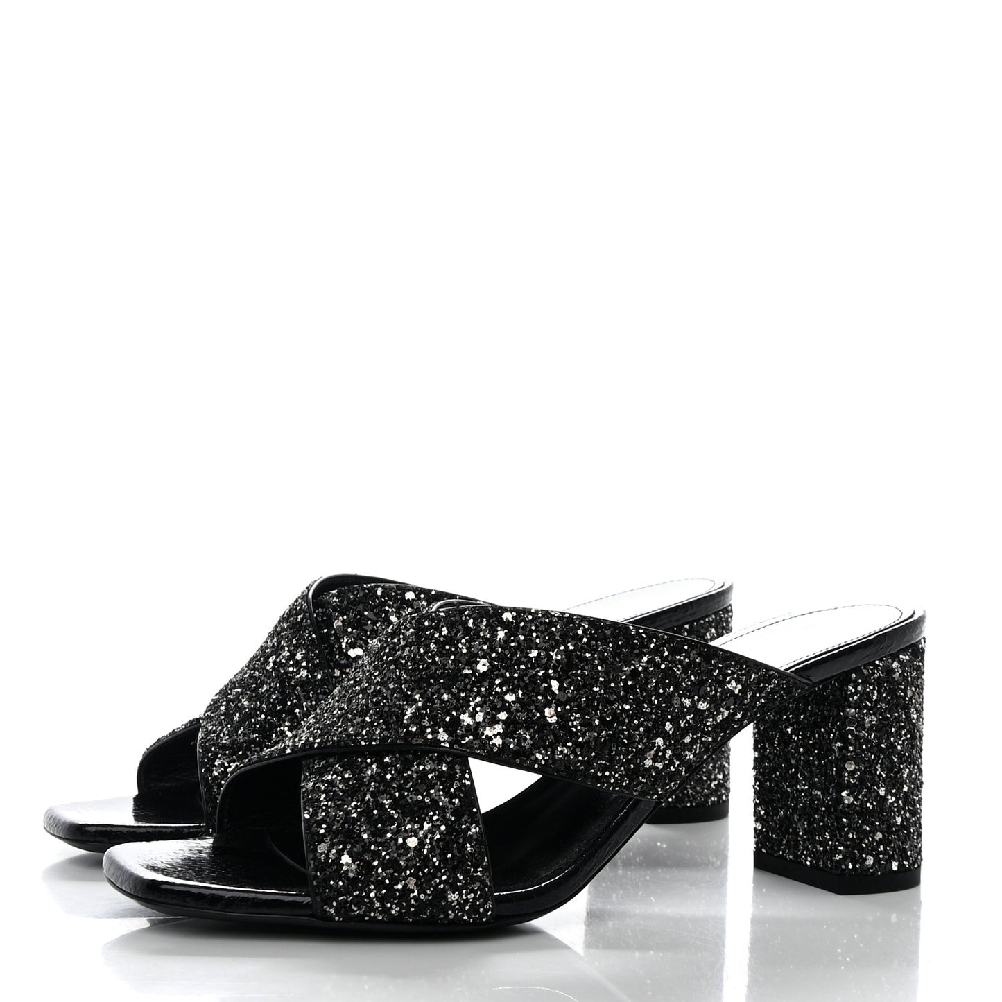 SAINT LAURENT Glitter LouLou 70 Mule Sandals 39 Black