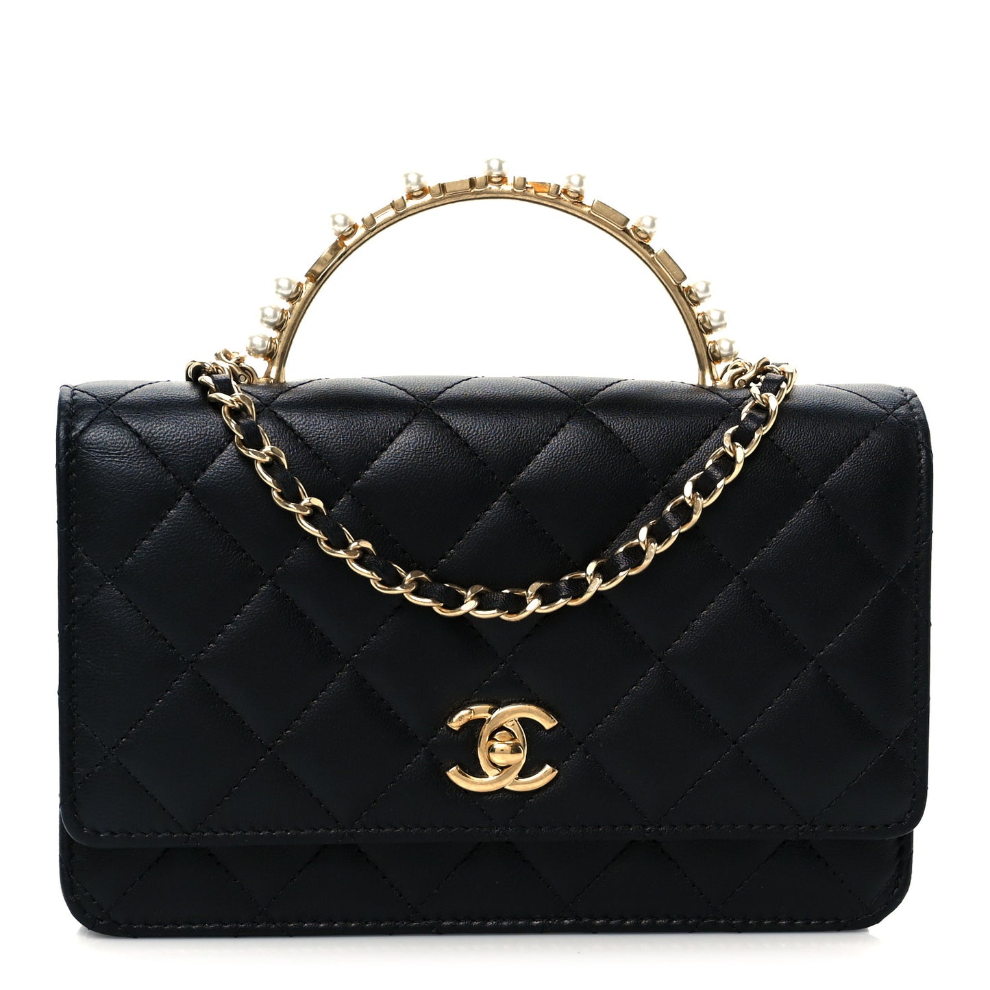 Lambskin Quilted Crystal Pearl Handle Wallet On Chain WOC Black