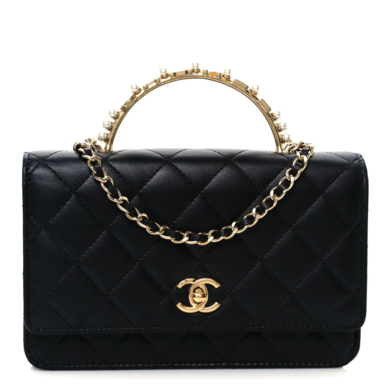 Chanel Lambskin Quilted Crystal Pearl Handle Wallet On Chain WOC Black 1 of 14