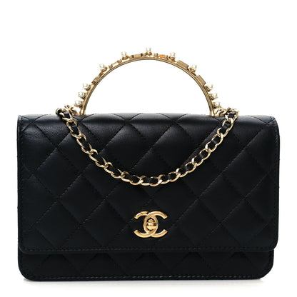 Chanel Lambskin Quilted Crystal Pearl Handle Wallet On Chain WOC Black 1 of 14