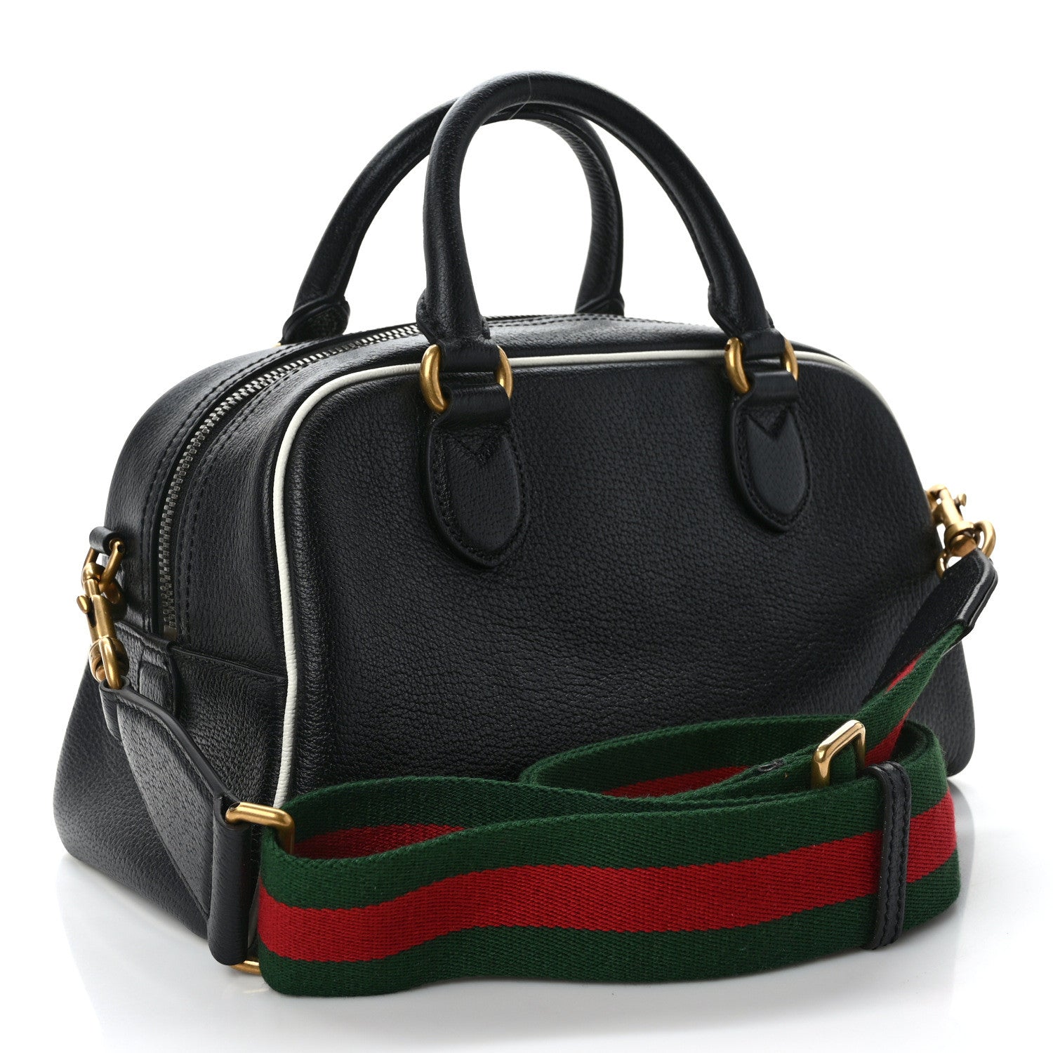 Gucci X ADIDAS Textured Dollar Calfskin Web Trefoil Logo Embossed Mini Bowling Bag Black Off White 3 of 12