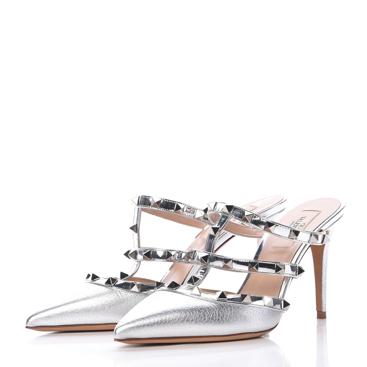 Metallic Pebbled Calfskin Rockstud 90mm Cage Mules 37.5 Silver