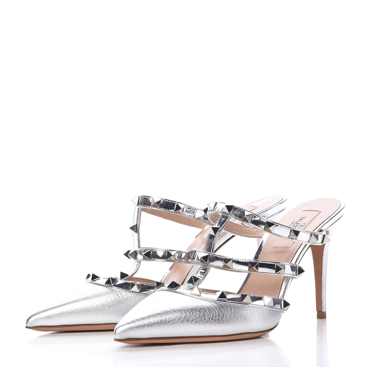 Valentino Garavani Metallic Pebbled Calfskin Rockstud 90mm Cage Mules 37.5 Silver 3 of 11