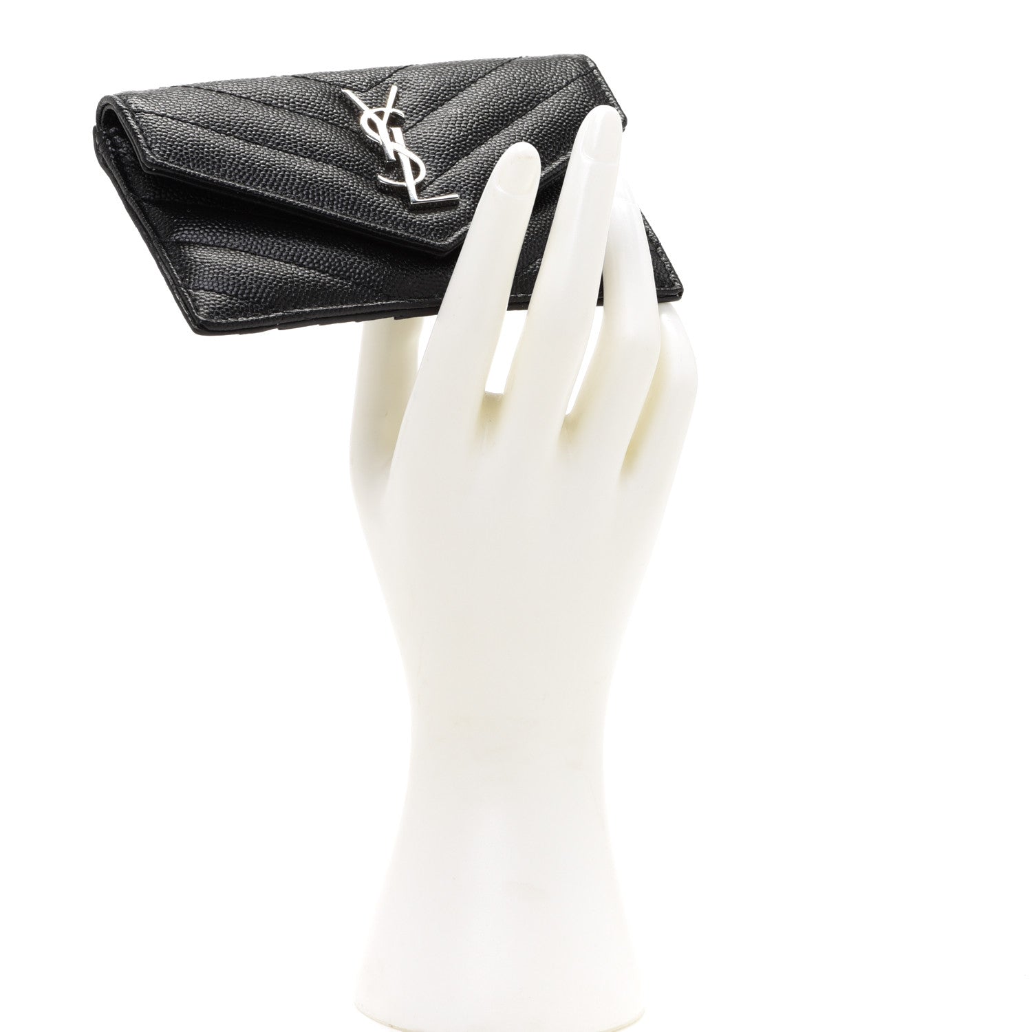 Saint Laurent Grain De Poudre Matelasse Chevron Monogram Compact Wallet Black 2 of 8