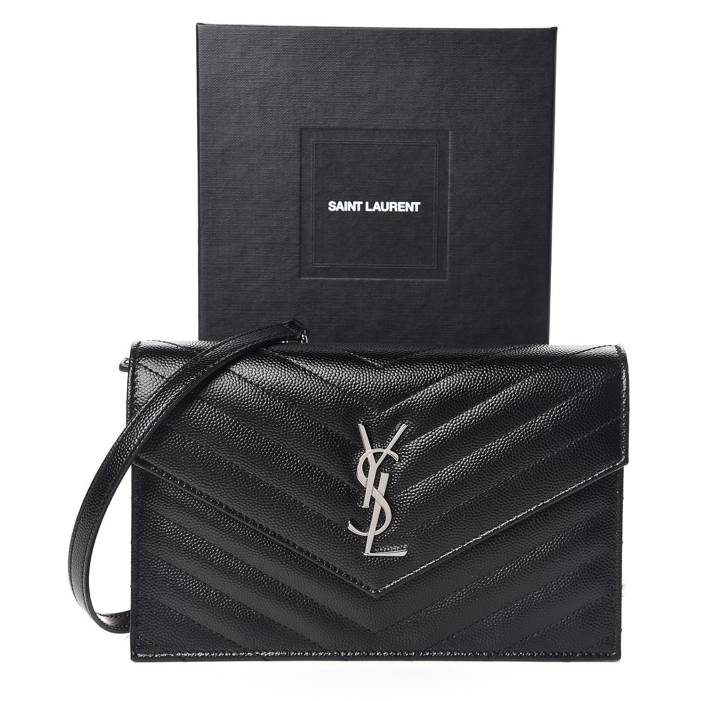 Grain De Poudre Matelasse Chevron Monogram Envelope Chain Wallet Black