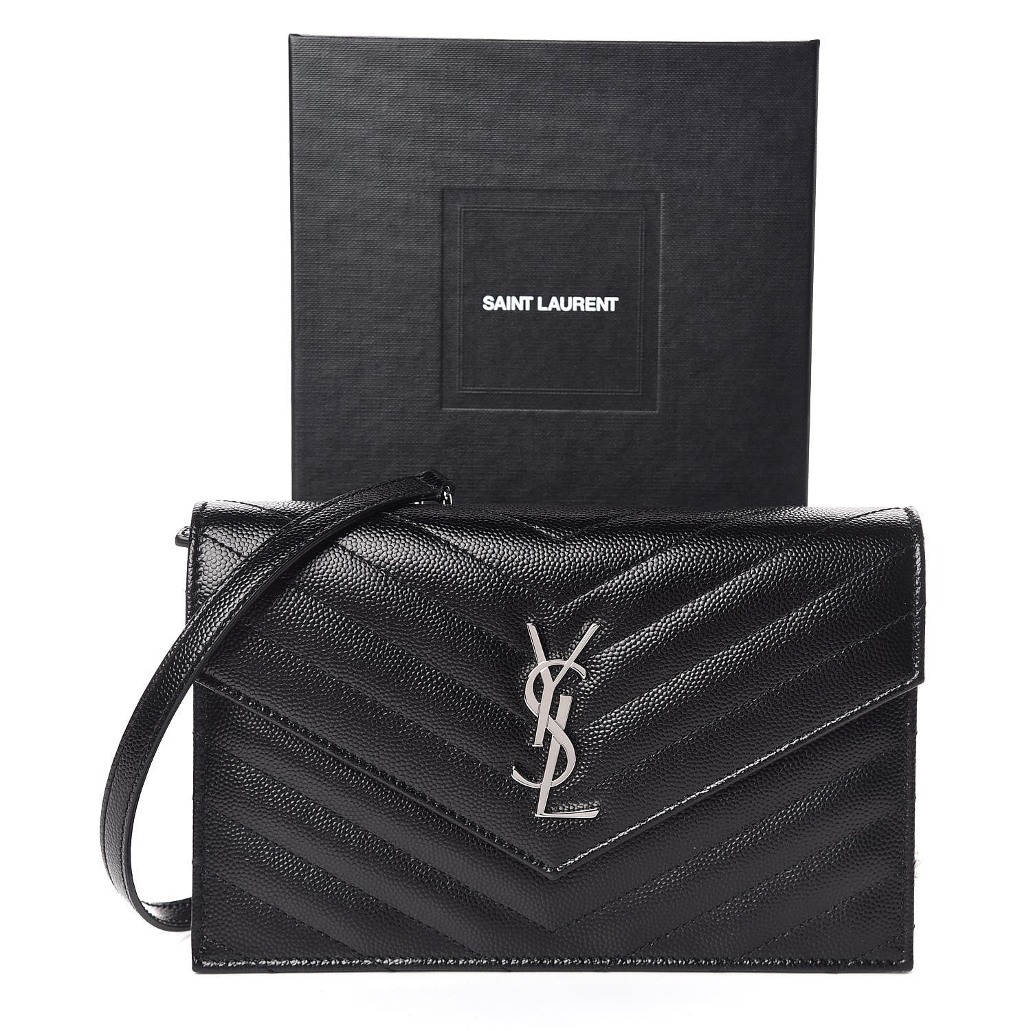 Saint Laurent Grain De Poudre Matelasse Chevron Monogram Envelope Chain Wallet Black 10 of 10