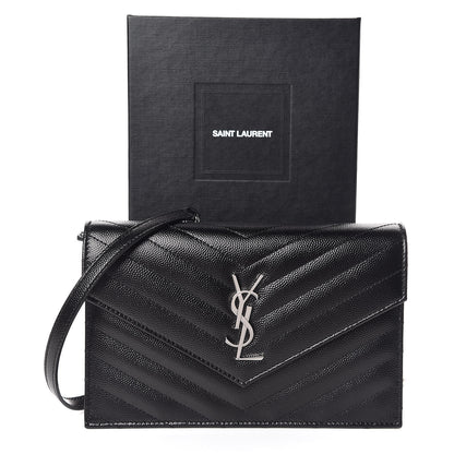 Saint Laurent Grain De Poudre Matelasse Chevron Monogram Envelope Chain Wallet Black 10 of 10