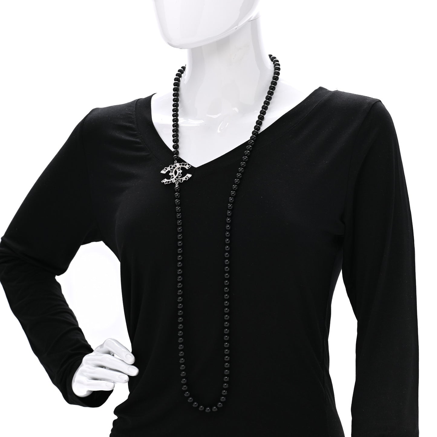 Baguette Crystal Beaded CC Long Necklace Black Silver