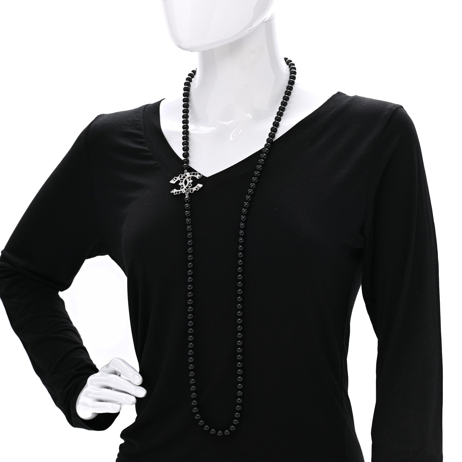 Chanel Baguette Crystal Beaded CC Long Necklace Black Silver 1 of 5