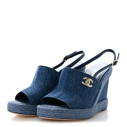 Chanel Washed Denim Braided Cord Wedge Sandals 37 Blue 4 of 10