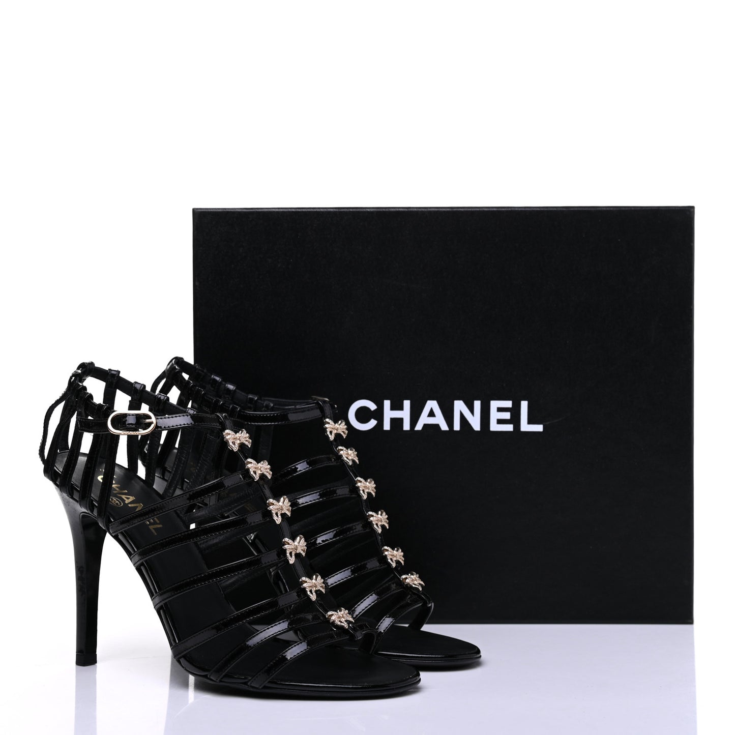 Patent Calfskin Crystal Bow Strappy Sandals 39.5 Black