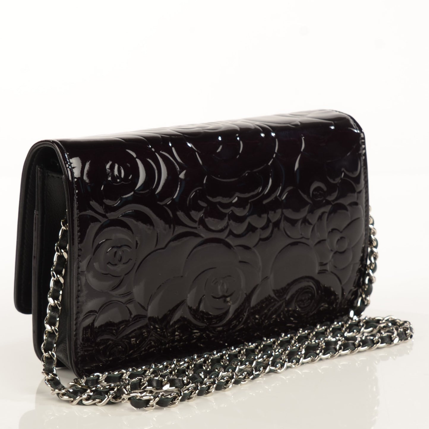 Patent Camellia Embossed Wallet On Chain WOC Black