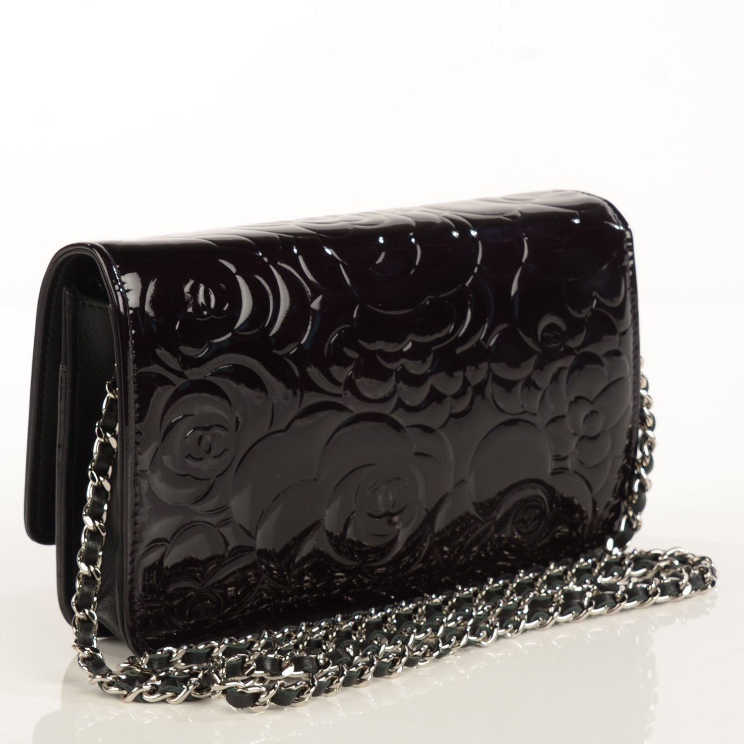 Chanel Patent Camellia Embossed Wallet On Chain WOC Black 3 of 9